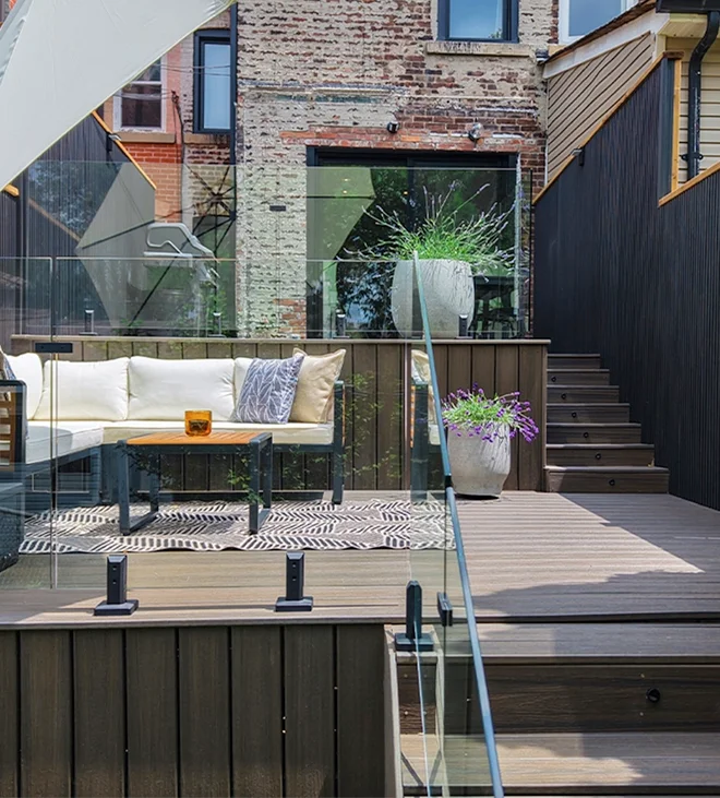 front view of backyard decks setup