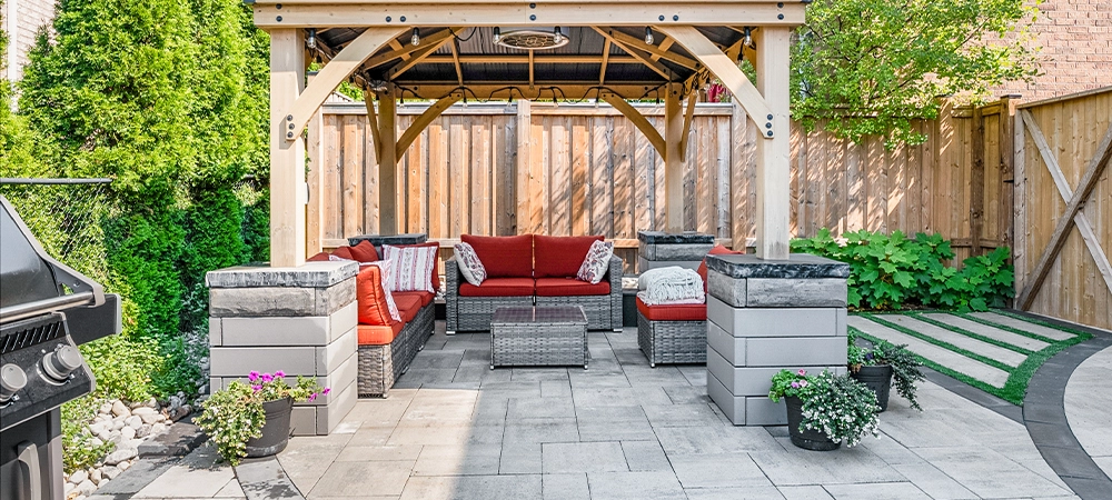 hardscape concept, interlocking patio and custom carpentry with landscaping