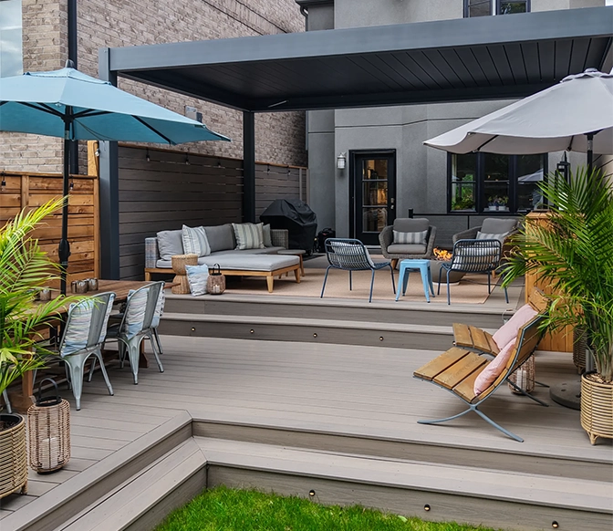 multi level deck and seating area under cabana