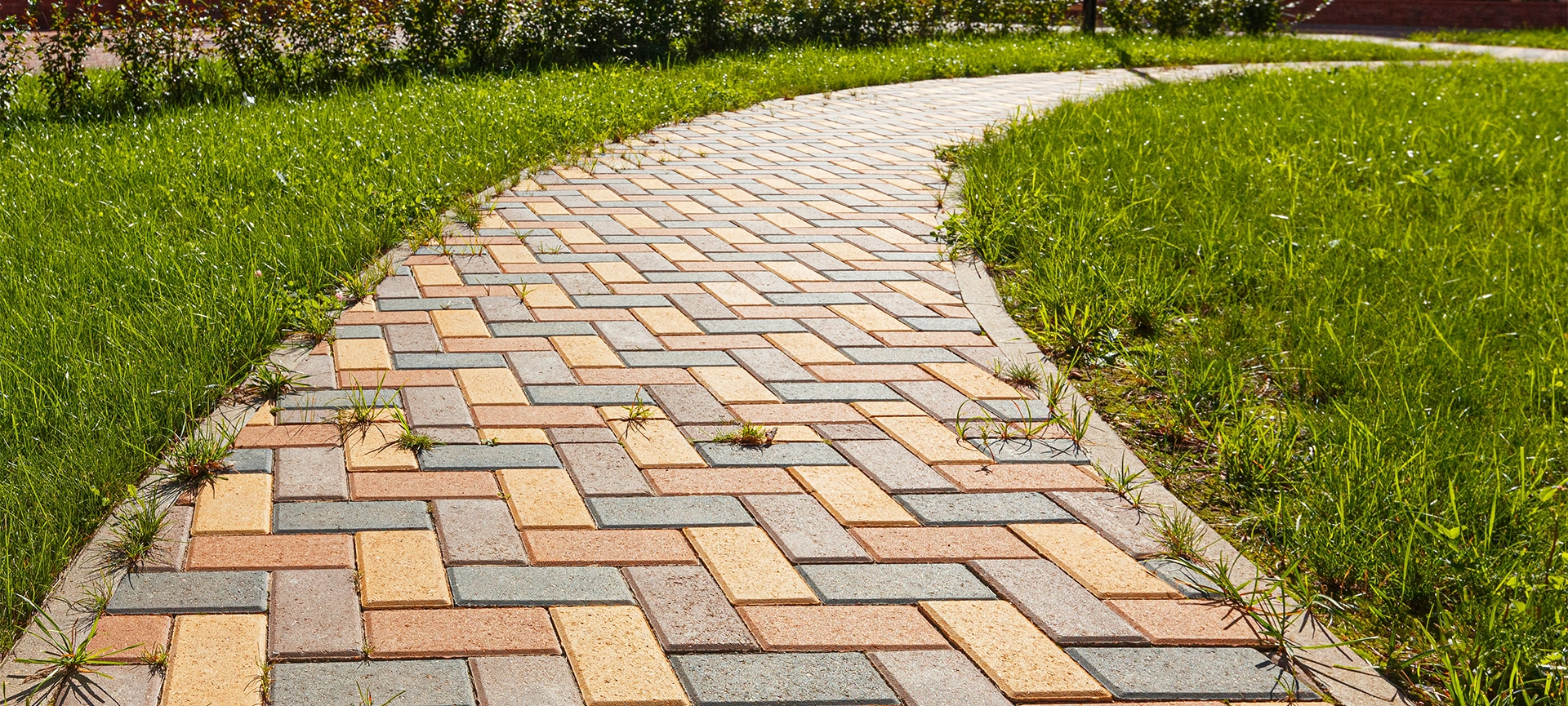 The pedestrian path is paved with multi-colored paving stones. Grass grows between the tiles. Selective focusing.