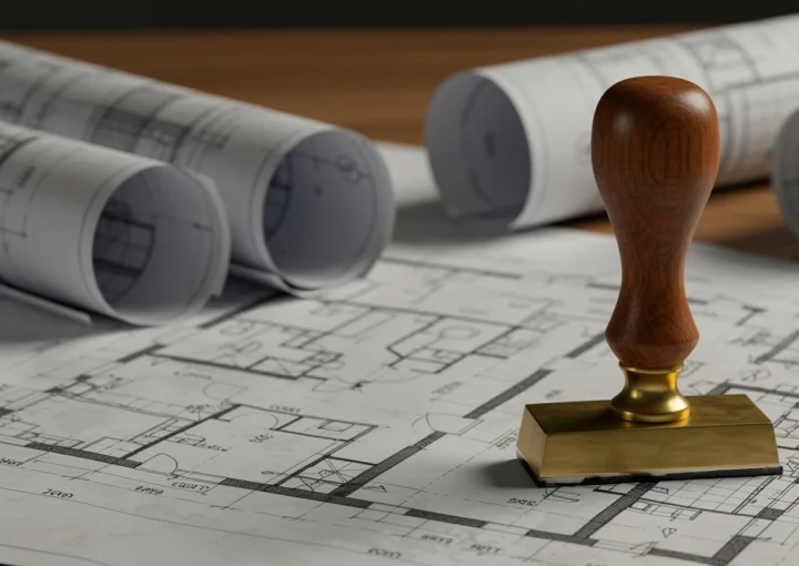 Picture for architectural office for building permit service, rather minimalist style, drawings, folders with one round stamp (wooden), detail on drawings