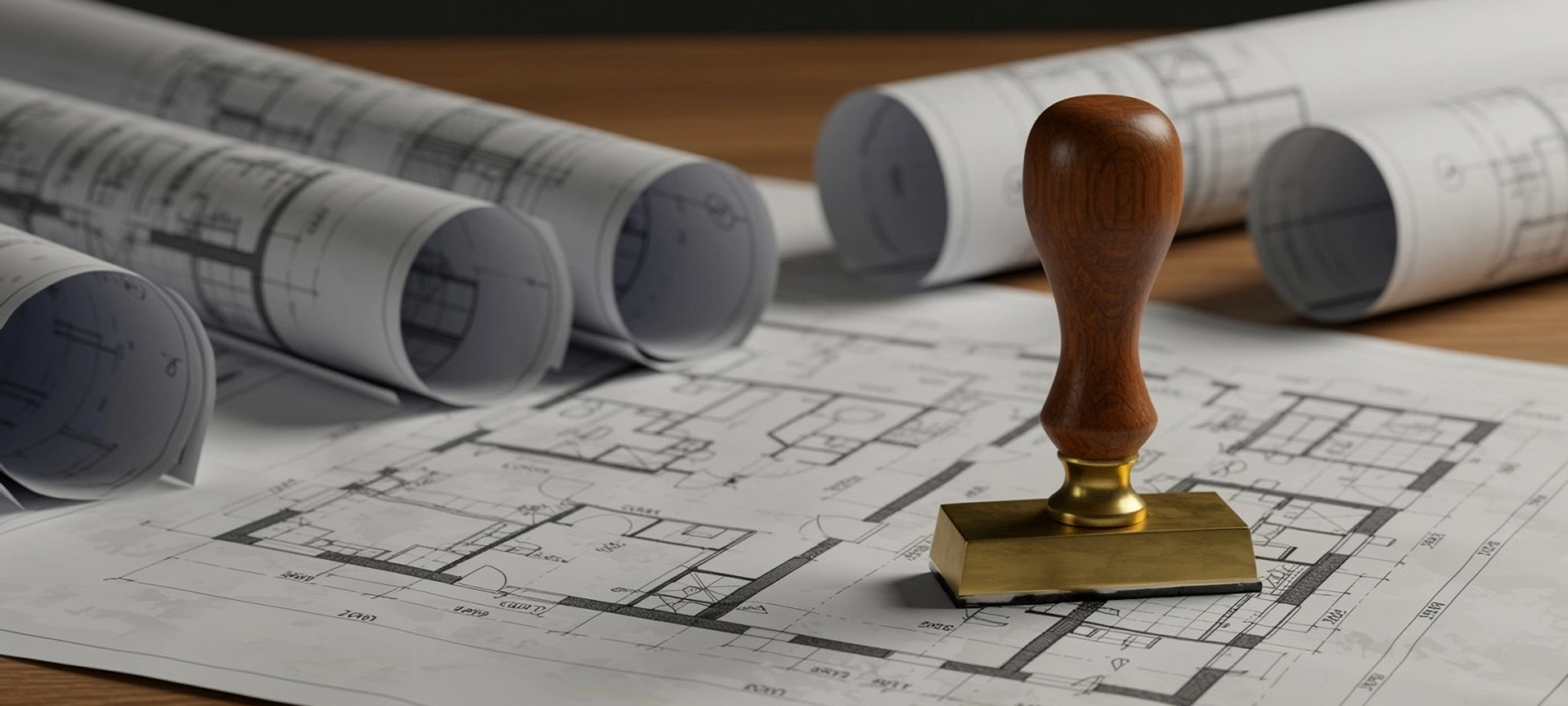 Picture for architectural office for building permit service, rather minimalist style, drawings, folders with one round stamp (wooden), detail on drawings