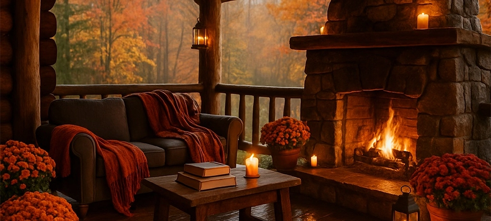 Cozy large cabin porch with rain, with a view of the forest. In the porch, there is a cozy decor with flowers, books, candles, and a fireplace.