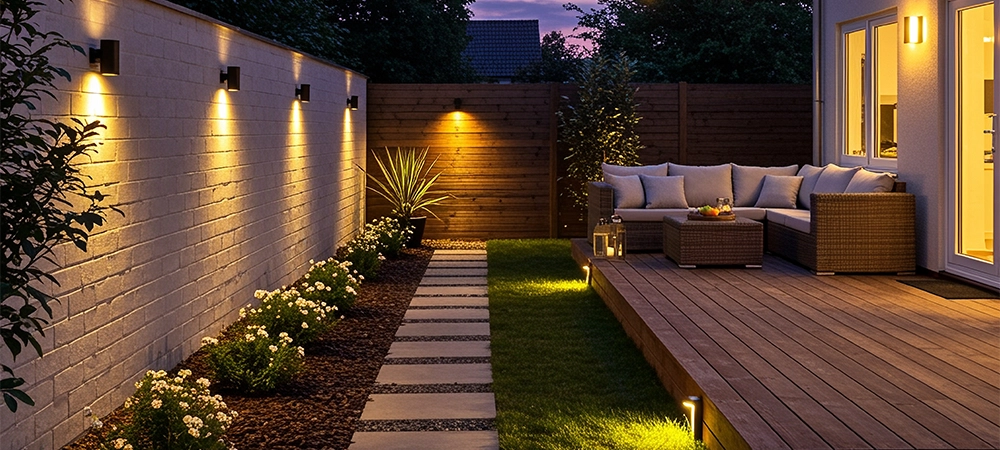 A cozy and realistic backyard at dusk, illuminated by warm dimmable LED lighting. Soft ambient lighting along the garden path, wall-mounted dimmable lights on the fence or house, and subtle glow from ground spotlights around plants. A wooden deck with