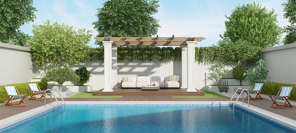Luxury garden with large pool and gazebo on background - 3d renderig