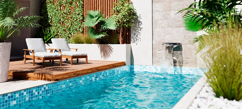 Modern style architecture exterior vacation villa with luxury swimming pool and tropical tree garden. Contemporary desert building design with poolside area and patio in backyard. Real estate rental.