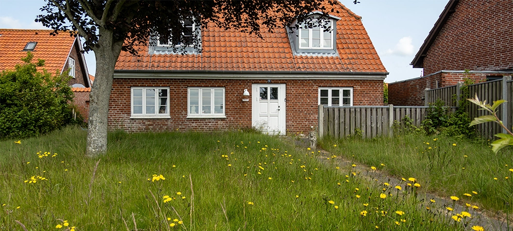 A small brick house in the downtown with an overgrown lawn.