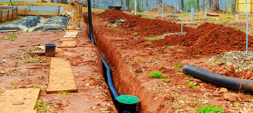 Technical worker works on drainage installation in his garden, managing soil, pipes amidst during construction