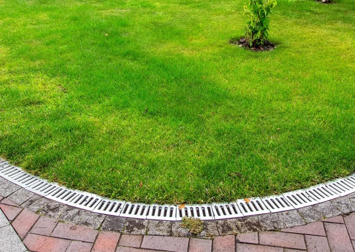 curved iron grid drainage system in the backyard by the green lawn with tree and footpath of red paving slabs.