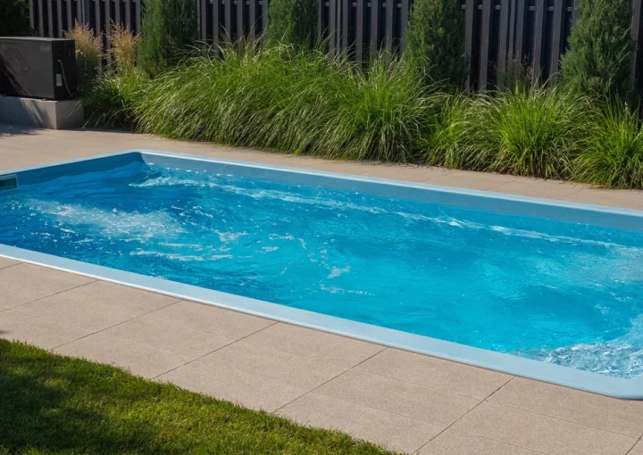 In the home pool, the counter-current system is turned on, making it an excellent place to swim in the backyard