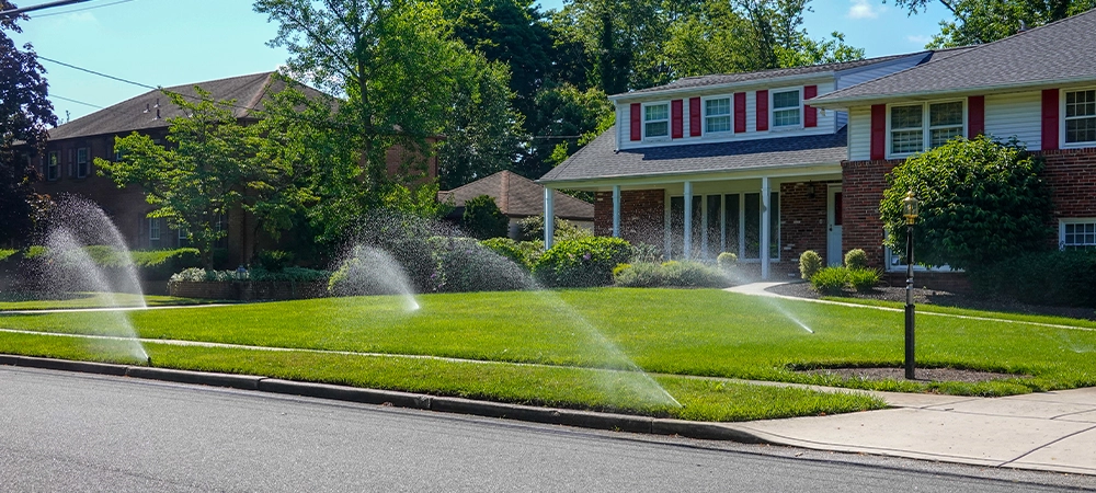 Lawn irrigation system spraying water from several nozzles onto a green grass lawn in front of a house on a sunny day