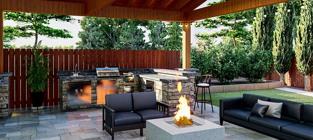 3D design and rendering of a backyard patio with outdoor kitchen, seating area, BBQ area, fire pit a